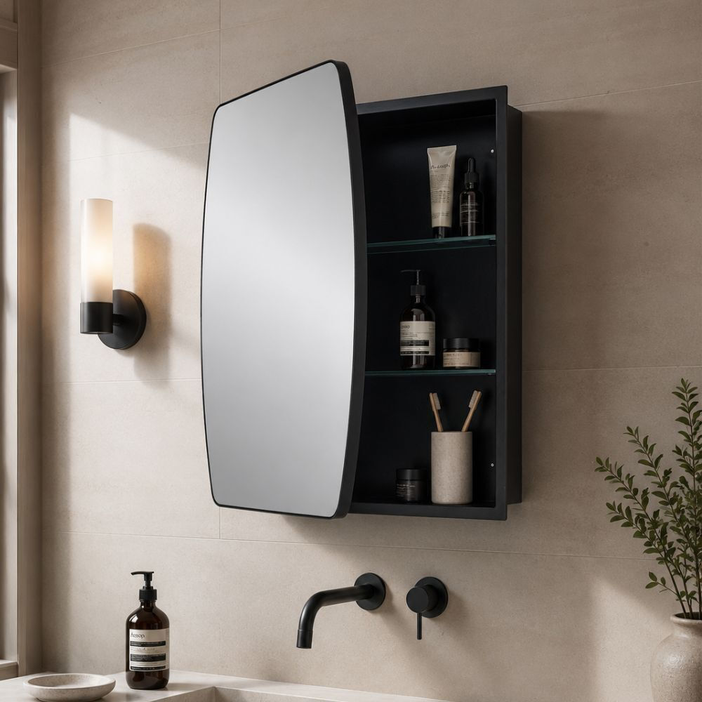 Wall Mirror with cabinet 92947 Asymmetric with Black Metallic Frame